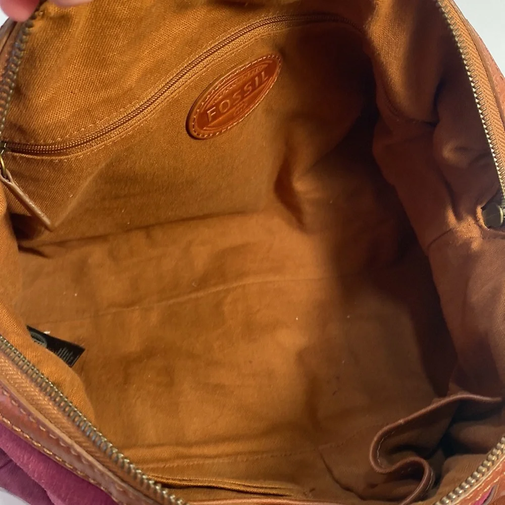 FOSSIL Maddox Brown Leather with Purple Suede Satchel - Picture 9 of 11